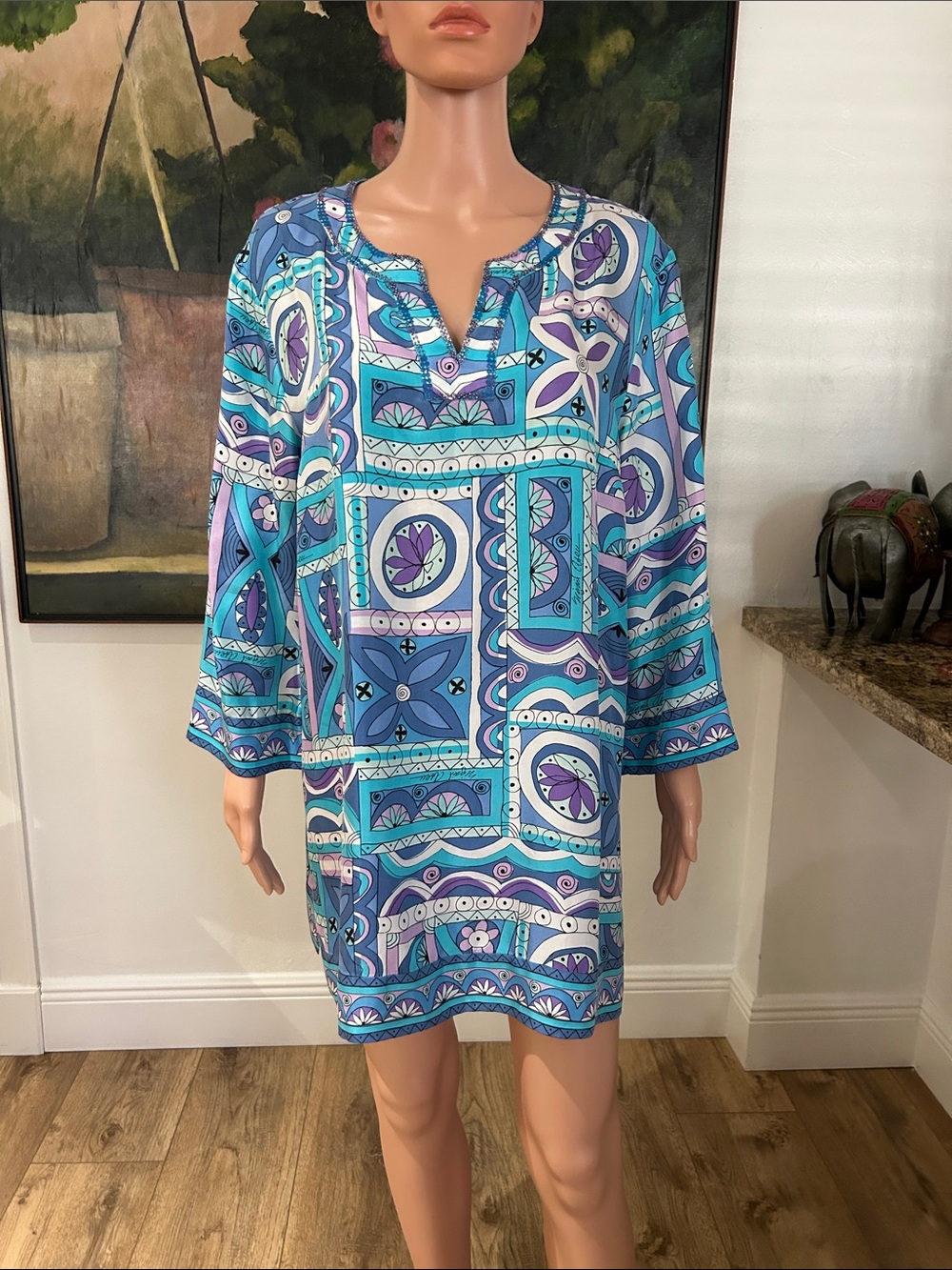Sigrid Olsen turquoise and purple print silk tunic